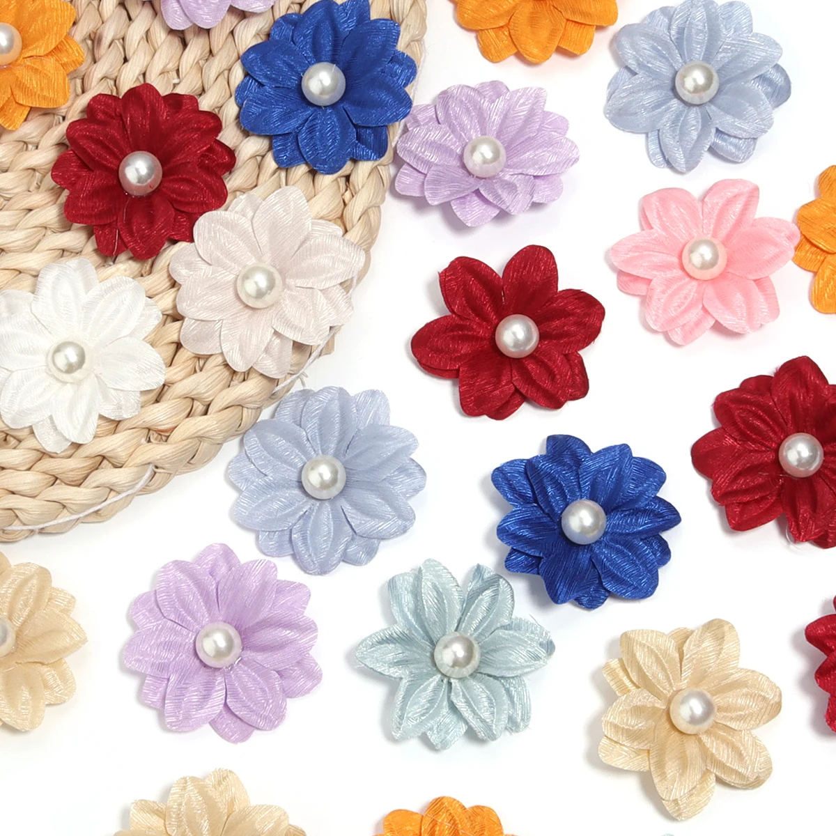 10ชิ้น4ซมผ้าโพลีเอสเตอร์ดอกไม้สีแฮนด์เมดหกกลีบดอกไม้มุกสำหรับ DIY เข็มกลัด Headwear อุปกรณ์ประดับตกแต่งเสื้อผ้า