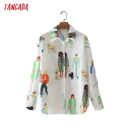 Tangada Women Vintage Print Oversized Chiffon Shirt Long Sleeve Chic Female Casual Loose Shirt 4T56