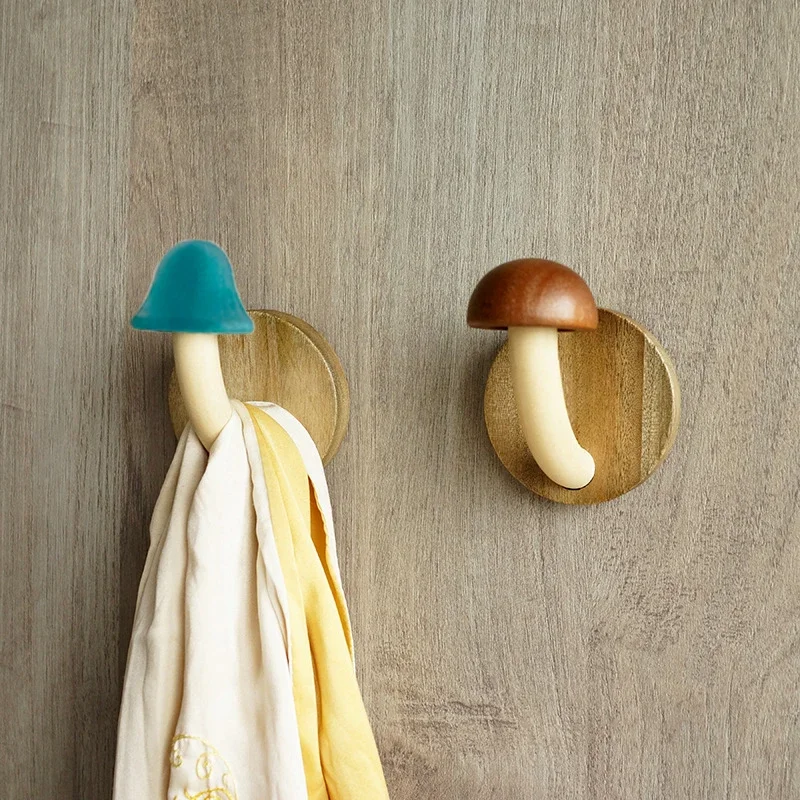 Cute Wooden Mushroom Hook Punch-free Self-Adhesive Hat Bag Storage Rack Wall Hanging Hanger Holder for Home Bedroom Decor