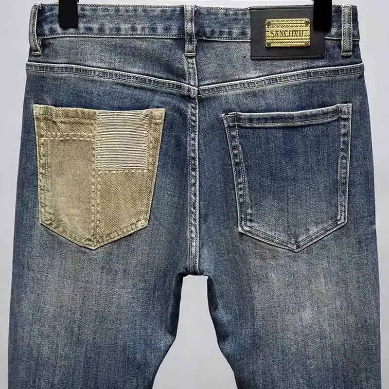Fashion Streetwear Men Jeans Retro Washed Blue Stretch Slim Fit Ripped Jeans Men Patched Designer Hip Hop Denim Pants Hombre
