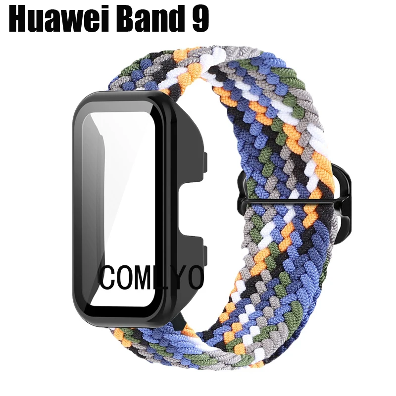 2024 untuk casing Huawei Band 9, casing cangkang penutup penuh + tali nilon lembut pelindung layar sabuk gelang