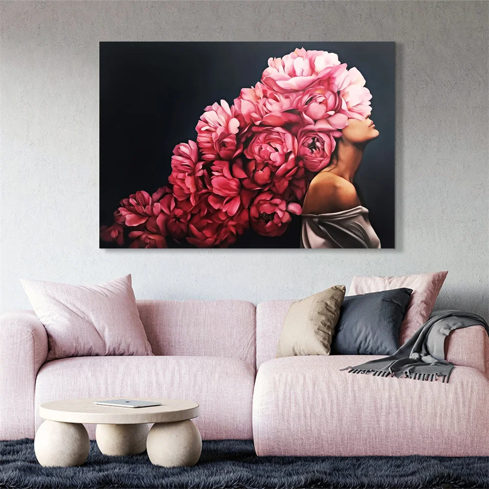 Abstract Flower Head Woman Poster Girl Flower Head Girl Prints Pink Rose Head Girl Canvas Painting Wall Art HomeRoom Decor