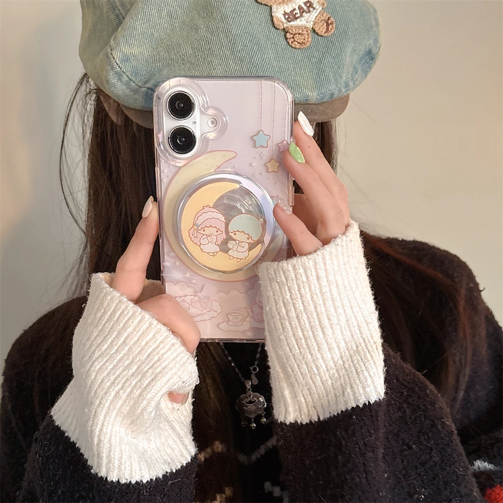 Twin Stars Transparente Cartoon-Hartschale für iPhone 16 13 14 15 Pro Max Magsafe magnetische kabellose Ladeabdeckung