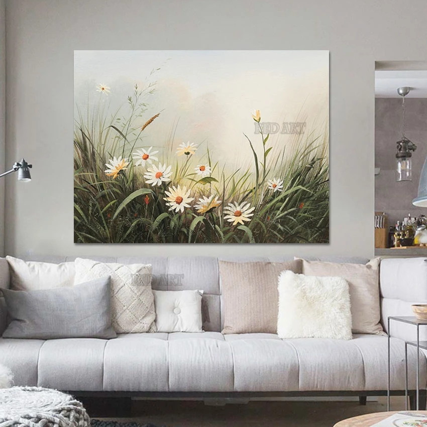 Outdoor Landscape Picture for Kitchen Wall Decor, Daisy Flowers Oil Painting, Abstract Grass Poster, Canvas Wall Art Pieces