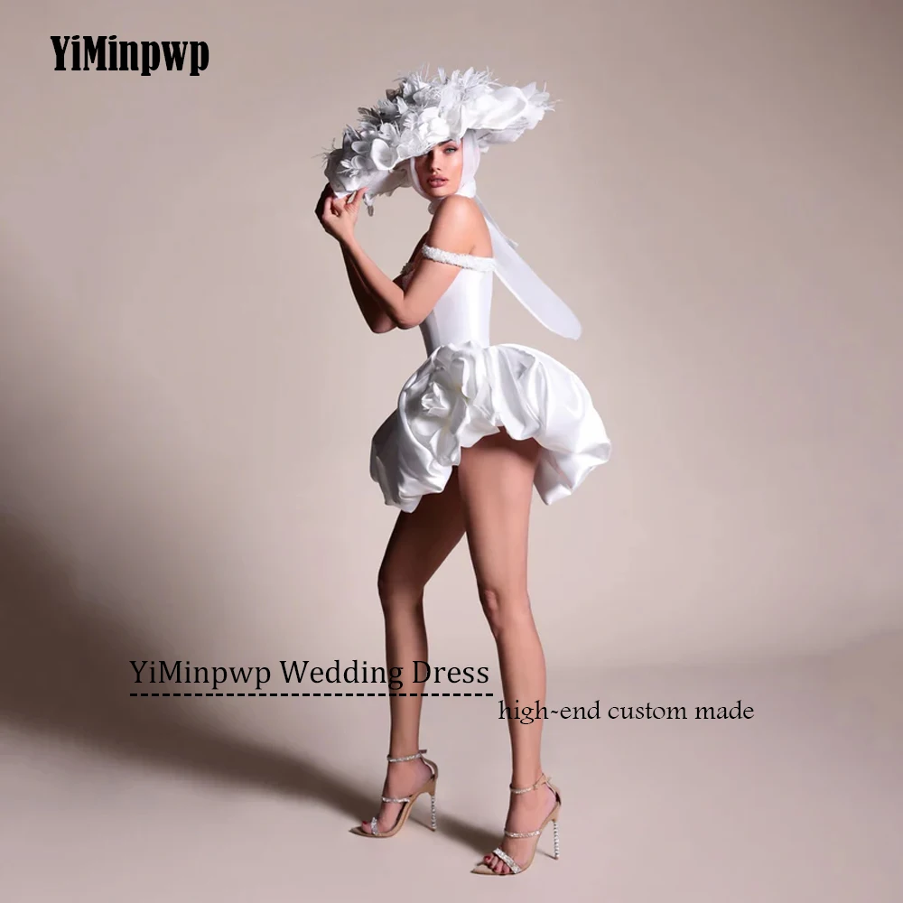 Bloemen Satijn Kralen Trouwjurken Off Schouder A-lijn Mini Bruidsjurken Voor Vrouwen Aangepaste Boven De Knie Robe De Mariée 2025