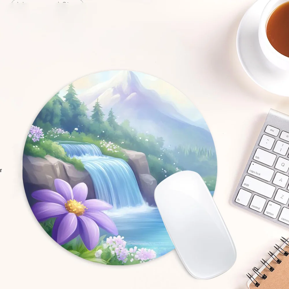 Round Mouse Pad Cartoon  Waterfall Desk Pad Art Design Rubber Mousepad Aesthetic Desk Accessory for Office Laptop Computer