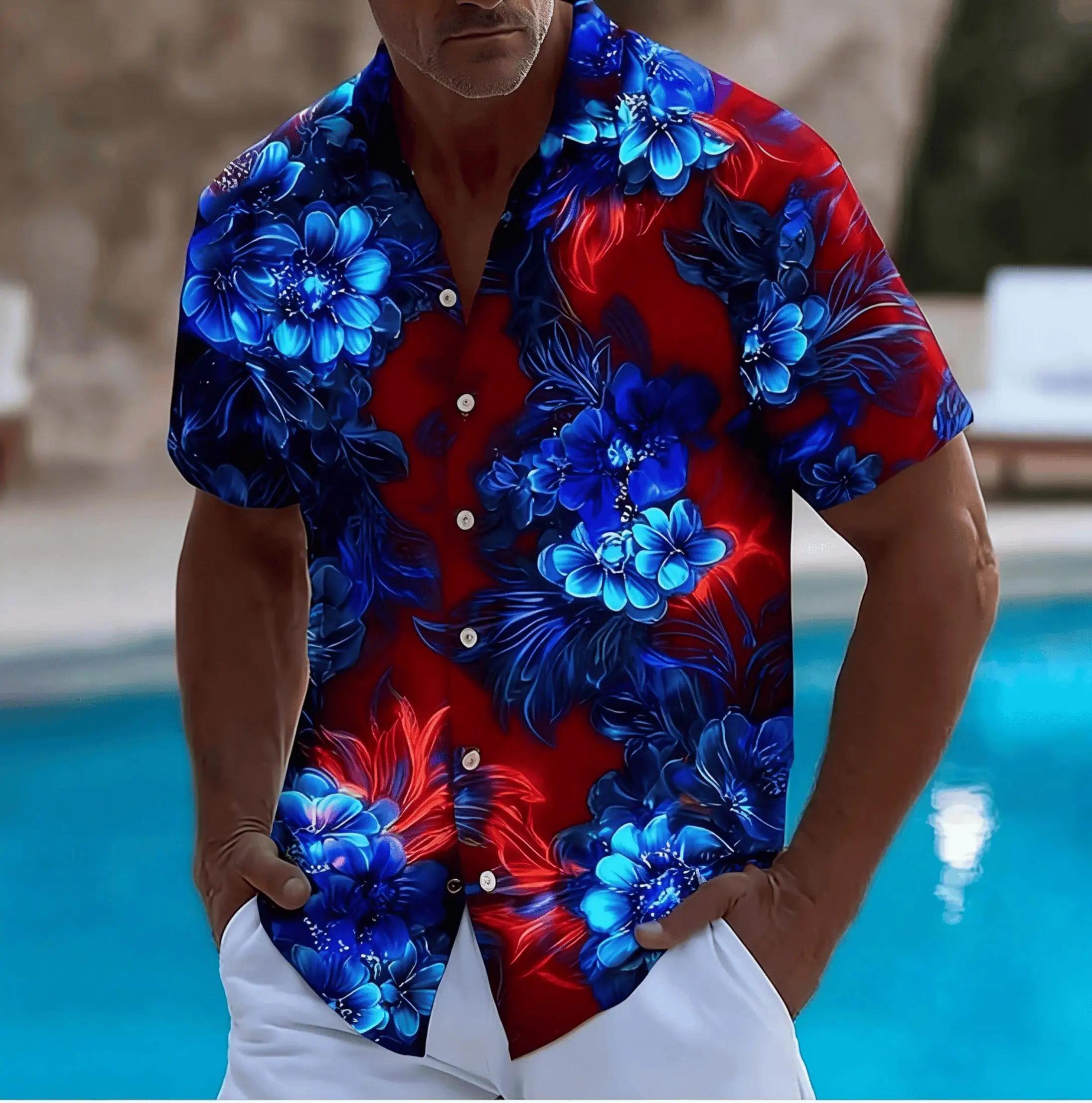 Men's Neon Floral Print Short Sleeve Shirt, Spring Summer Tropical Hawaiian Vacation Blouse, Loose Casual Top