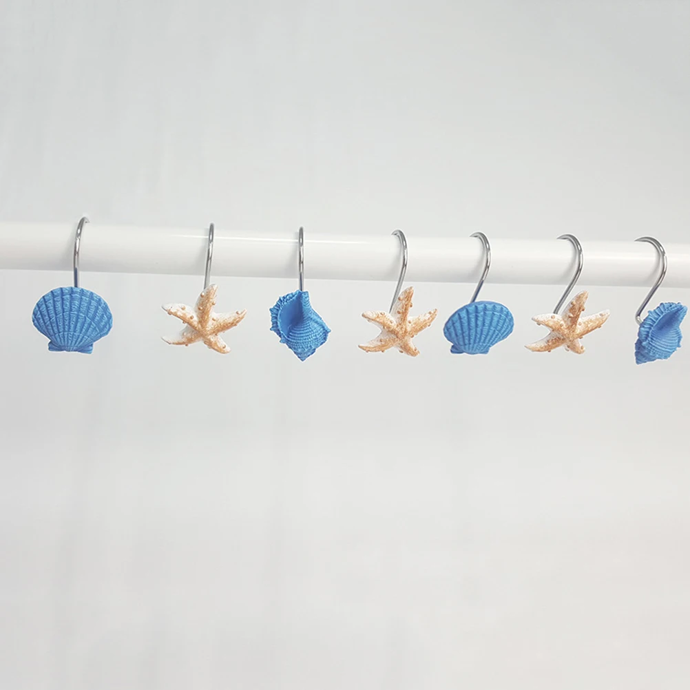 

12Pcs Blue Shell Conch Sea Star Hooks Resin Decorative Curtain Hangers for Bathroom Bedroom Living Room Ocean Theme Shower Hook