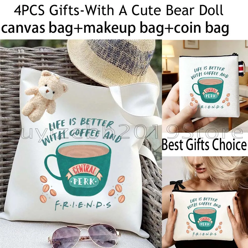 4PCS Central PERK Friends Lover White Canvas Tote Bag Handbag,Cosmetic Organizer Makeup Bag,Coin Purse Key Case Bag Wallet Pouch