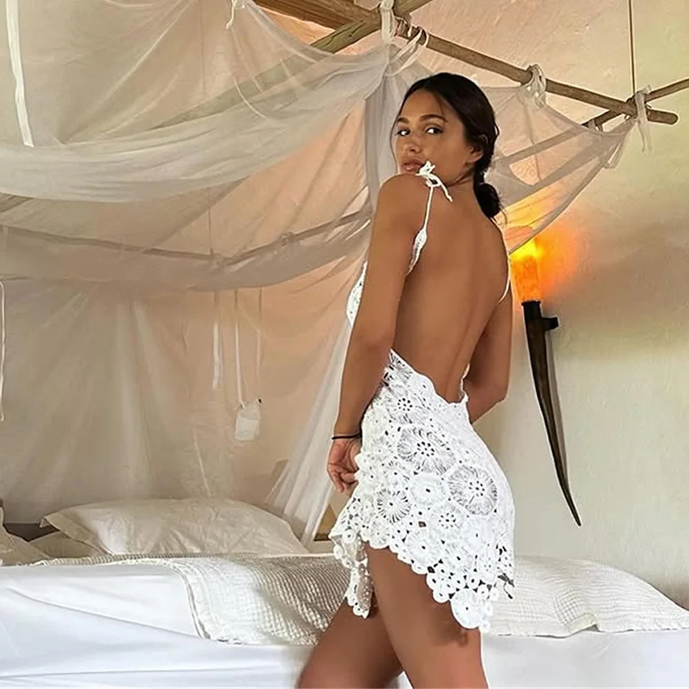 Casual Women Dresses 2025 Manga Summer New Solid Color Dress Sexy Lace Hollow Crochet Beach Cover-Up for Ladies Beachdress