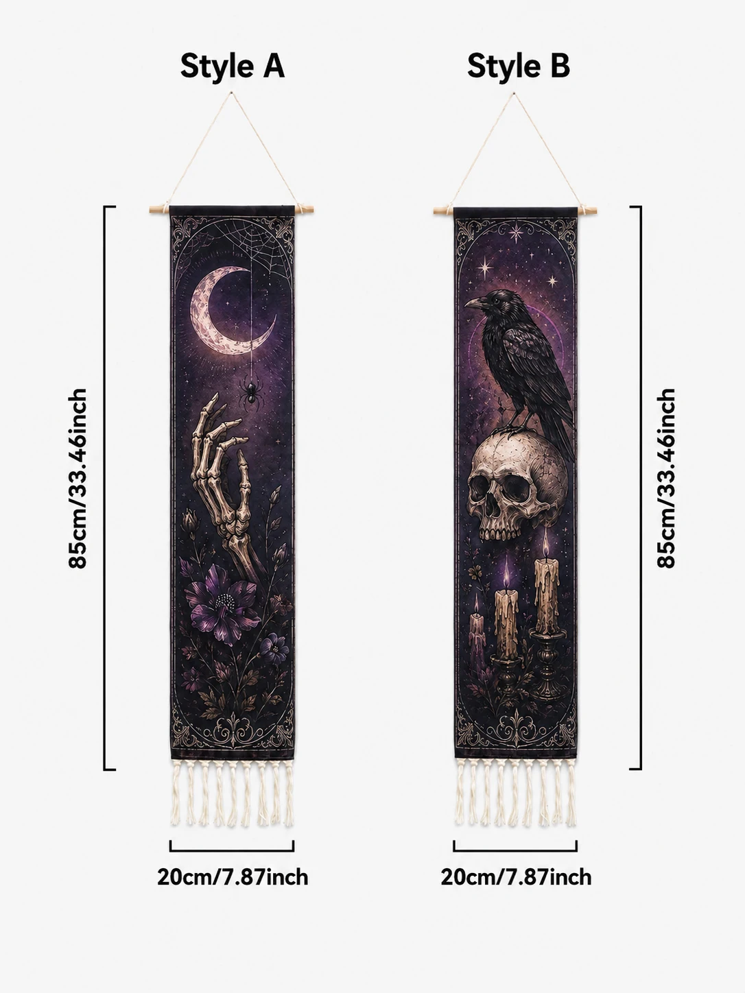 Halloween-Wandteppich mit Quasten, Gotische Hexe, Schwarze Katze, Krähe, Geisterhaus, Totenkopf-Druck, Vintage Grusel-Wandbehang Deko – Detail 33