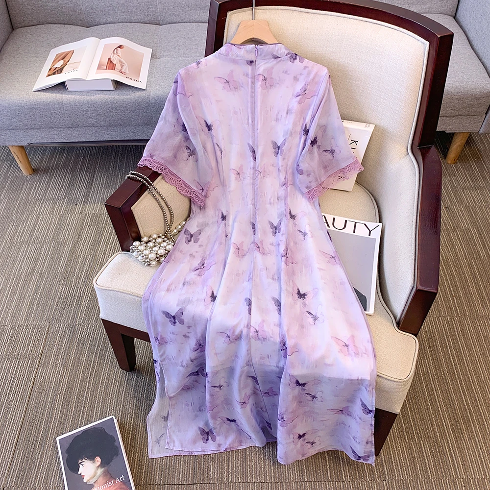 Plus-size women's Summer Casual Commute Loose comfortable dress Chiffon purple Chinese style butterfly print short sleeve dress