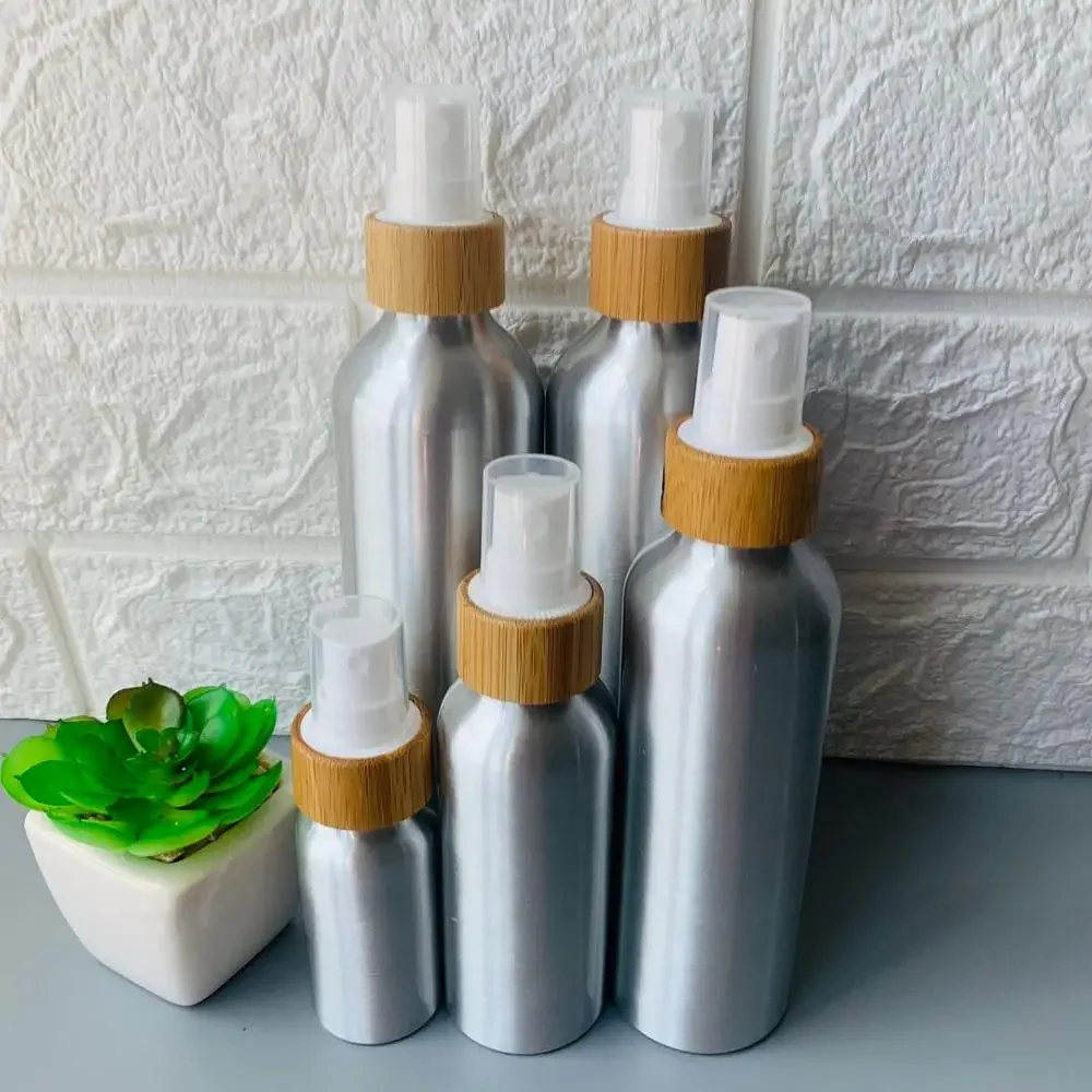 

refillable reacycle spray bottle wholesale empty aluminum bottles with environmental bamboo lid luxury cosmetic packaging bottle