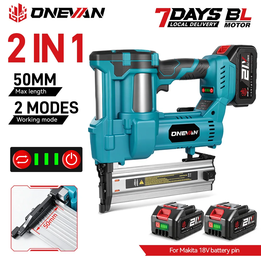 Pistolet à clous électrique sans fil ONEVAN 2-en-1 sans balais, agrafeuse à réglage de profondeur F15-F50, outils électriques pour le travail du bois, la décoration de meubles, compatible avec batterie Makita 18V