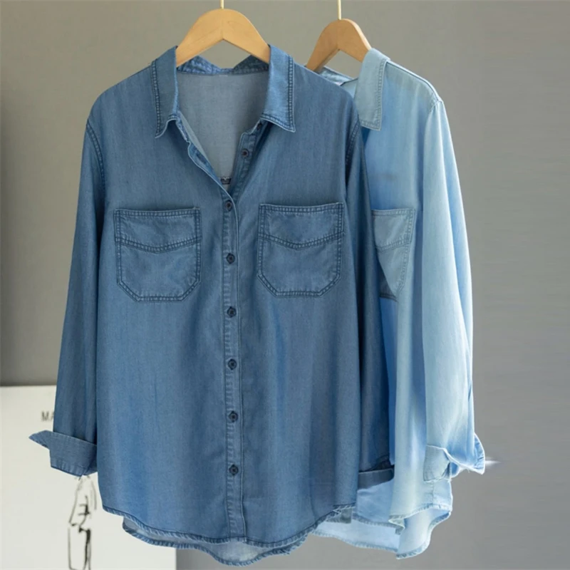 Women Vintage Classic Casual Streetwear Oversized Denim Shirts Trendy Blue Long Sleeve Pockets Blouses Female Korean Style Tops