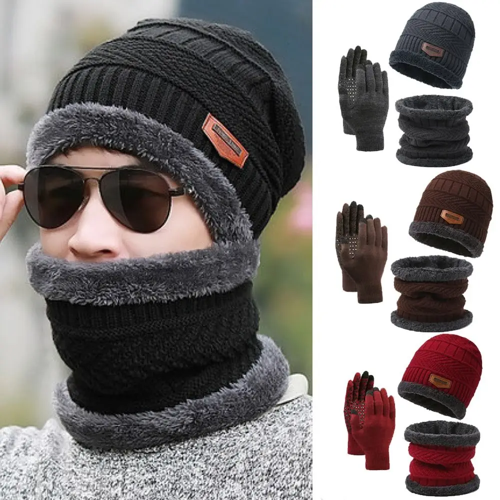 Fashion Knitted Hat Scarf Gloves Set Thickened Windproof Hat And Neck Scarf Neck Warmer Winter