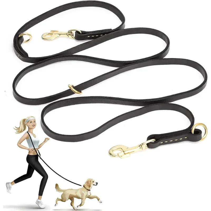 Genuine Leather Hands Free Adjustable Service Dog Leash Strong Multi Function Cross Body Leash for Dogs 7 Uses in One Pet Lead