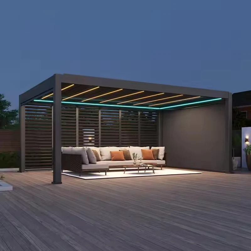 Outdoor Bioclimatic Electric Aluminum Pergola, Waterproof Louvered Roof, Eco Friendly Free Standing Pavilion For Balcony