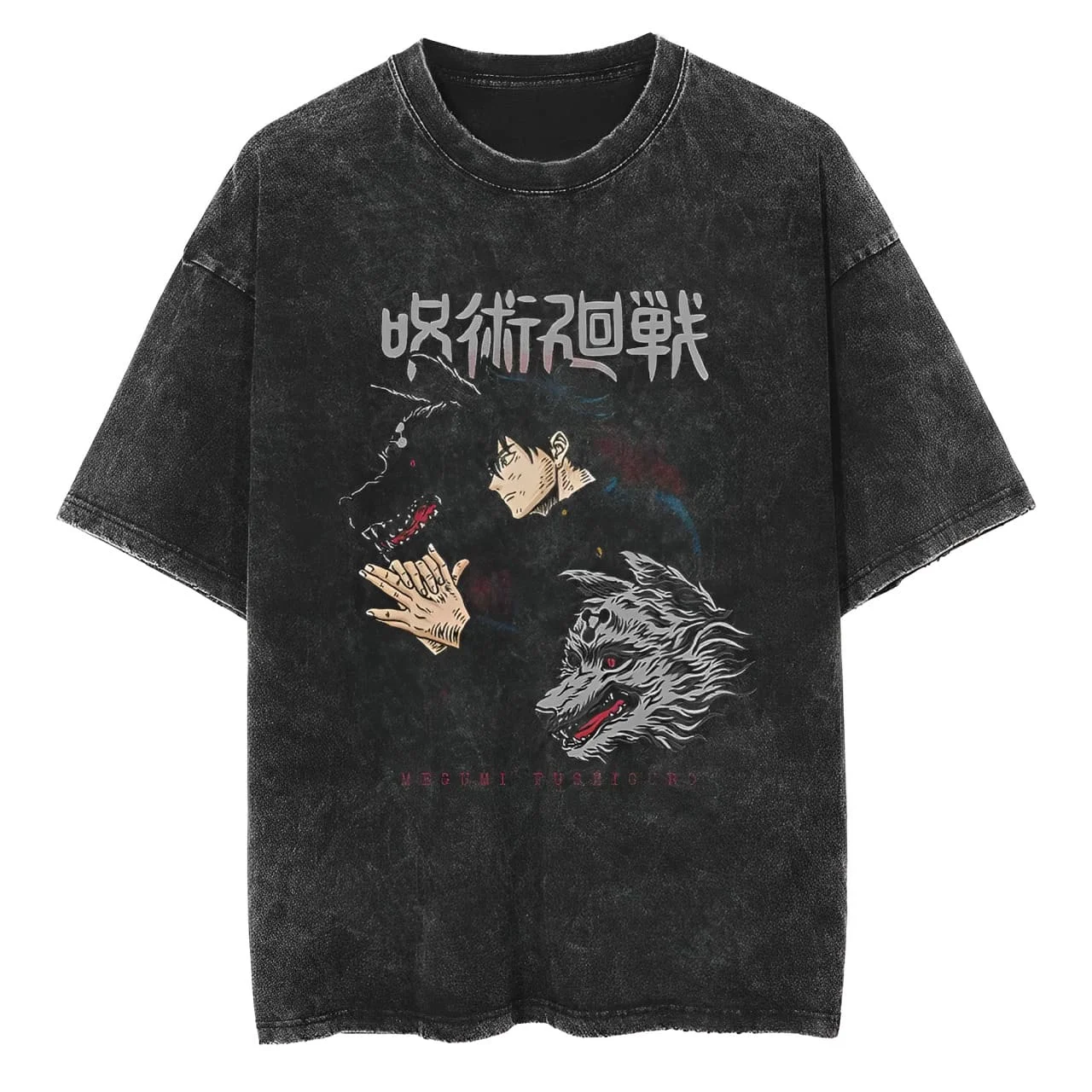 Megumi Fushiguro T-Shirt Jujutsu Kaisen Anime Herren Vintage Acid Wash Übergroßes Baumwoll-Shikigami-Grafik-T-Shirt 2026