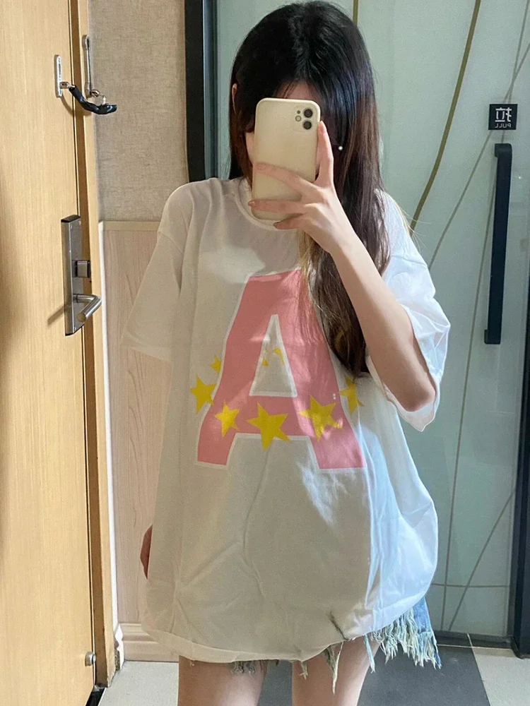 Summer Tshirts 2023 Shirts for Women Streetwear BF Oversized Tops Star Print Casual Tees Y2k Clothing Korean Chic White T-shirt