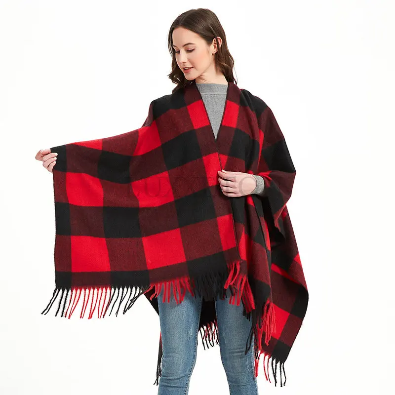 Women Faux Cashmere Air Conditioning Capes Female Long Thick Vintage Shawl Oversize Cardigan Plaid Winter Poncho Streetwear