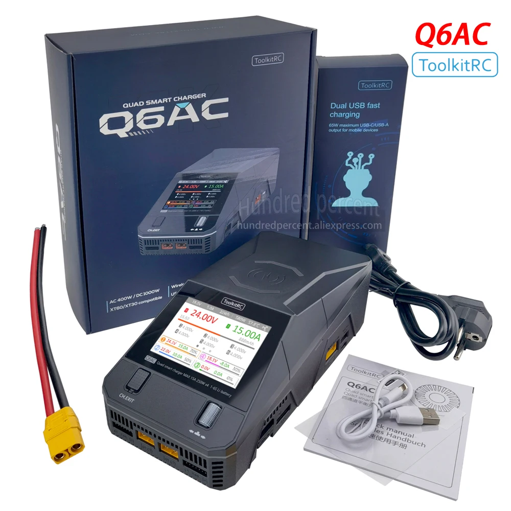 ToolkitRC Q6AC Charger AC 400W/DC 1000W 4CH output Built-in 65W USB A/TYPEC Output ,LiPo, 1-6S，NiMH 1-16S,PB 1-10S Charger