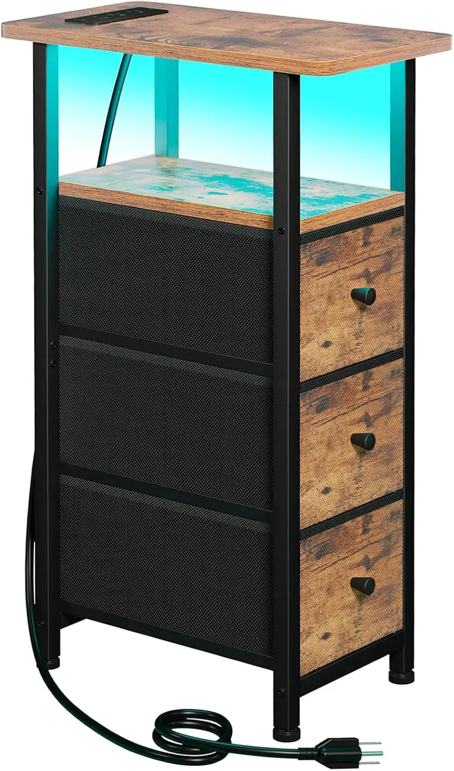 

Narrow End Table with Charging Station, Slim LED Nightstand, Fabric Drawers, Brown