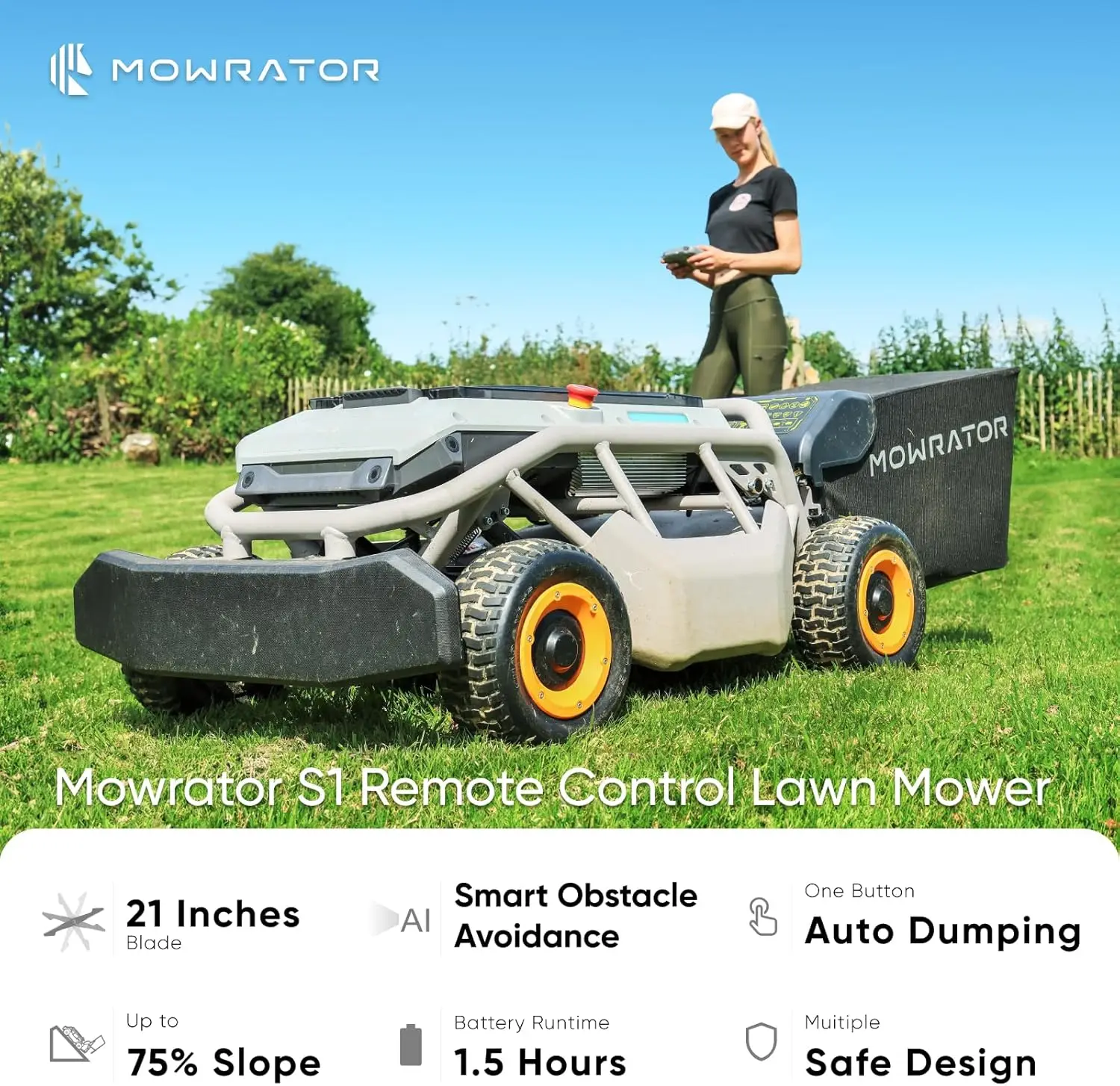 Remote Control Lawn Mower S1 4WD 18Ah Robot Lawn Mower No Wire with 1.5-4.3 Inch Cutting Height 21 Inch Cutting Width