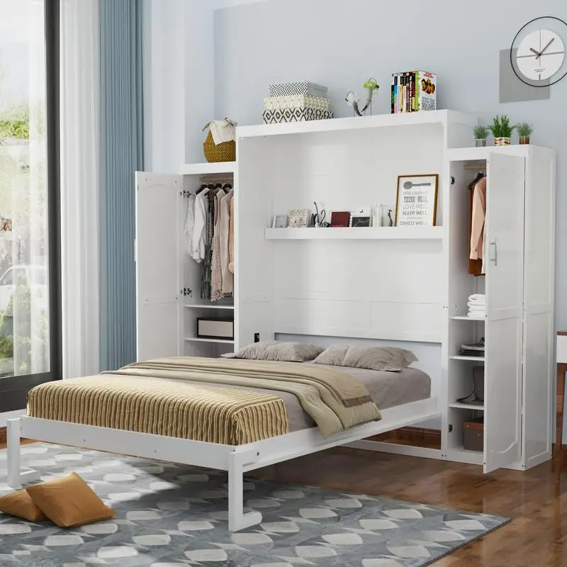 Full Size Murphy Bed with 2 Wardrobes and Storage Shelf, Multifunctional Foldable Platform Bed Frame for Guest Room and Bedroom