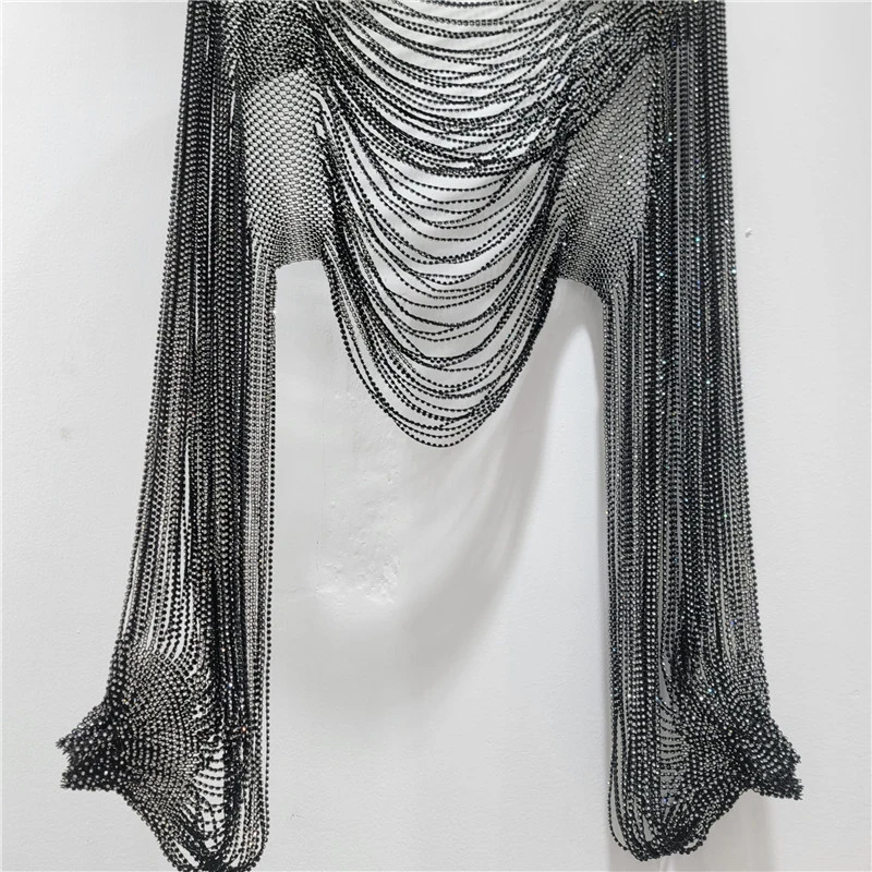 2026 Frühjahr/Sommer Neu Funkelnde Diamant-Halskette Accessoires Kleidung Crop Tops Quasten-Schal Mode Clubwear Langarm-Oberteil – Detail 5