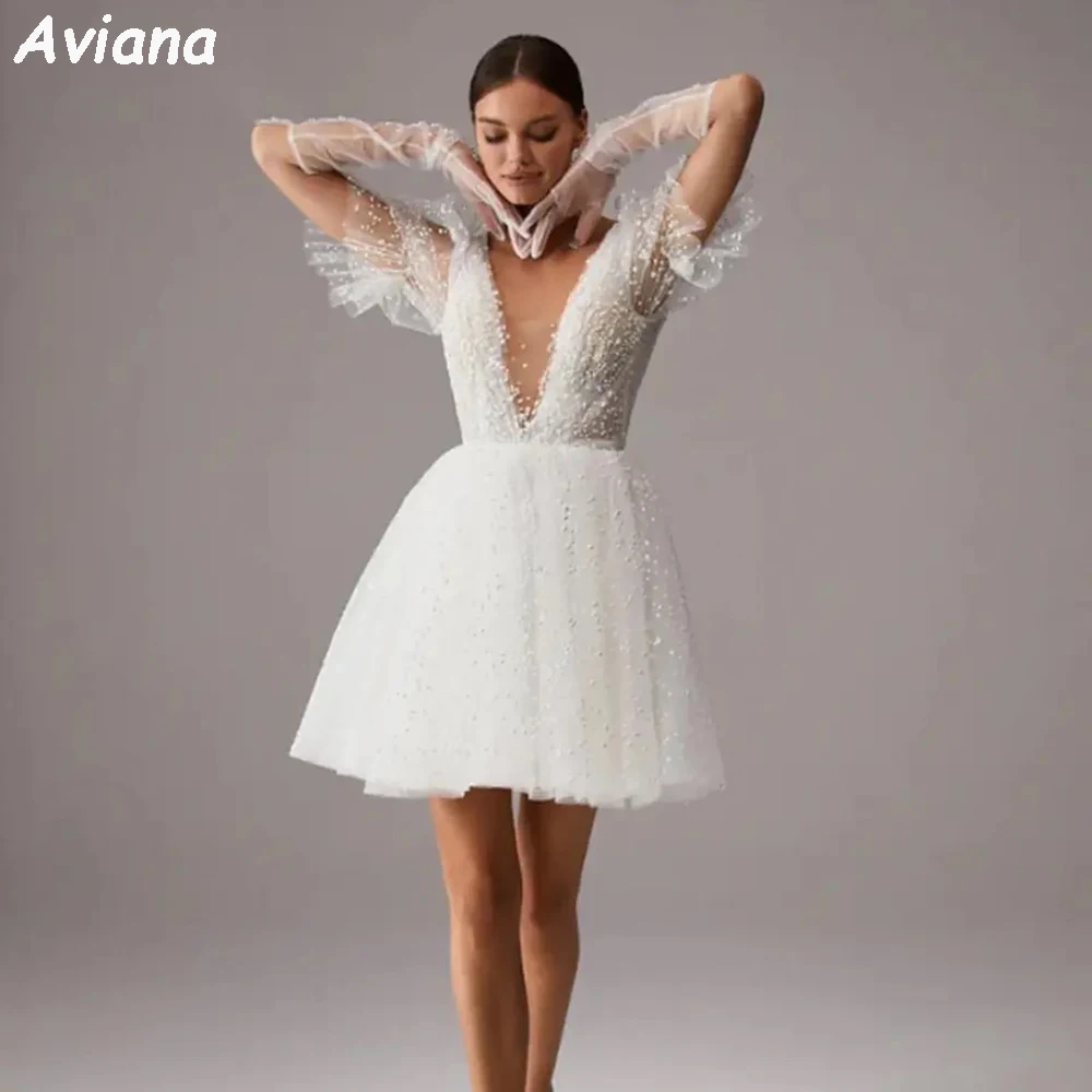 Happana-Mini robe de mariée élégante, col en V, courte, dentelle à pois, tulle, pour la plage, dos nu, au-dessus du genou, style bohème