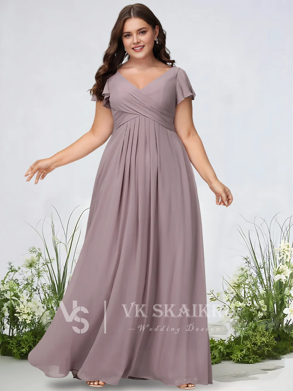 

A A-Line Bridesmaid Dresses Frosted Lilac V-Neck Floor-Length Chiffon Garden Gala Wedding Party Gown Cascading Ruffles