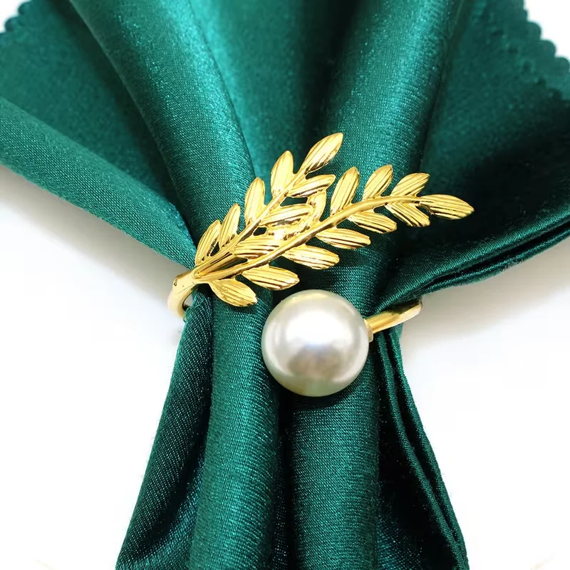 6 Stück elegante Serviettenringe mit Weizenschäften und Perlen, goldener Metall-Serviettenhalter, perfekt für Hochzeit, Hotel, Essen, Party-Dekoration