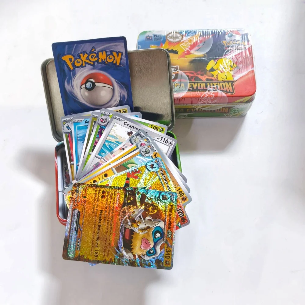 Boîte métallique en fer noir et blanc, 42 pièces/ensemble, jouet de combat Pokemon, origine perdue, boîte Pokemons avec jeu Pikachu, cartes bancaires Anime pour enfants