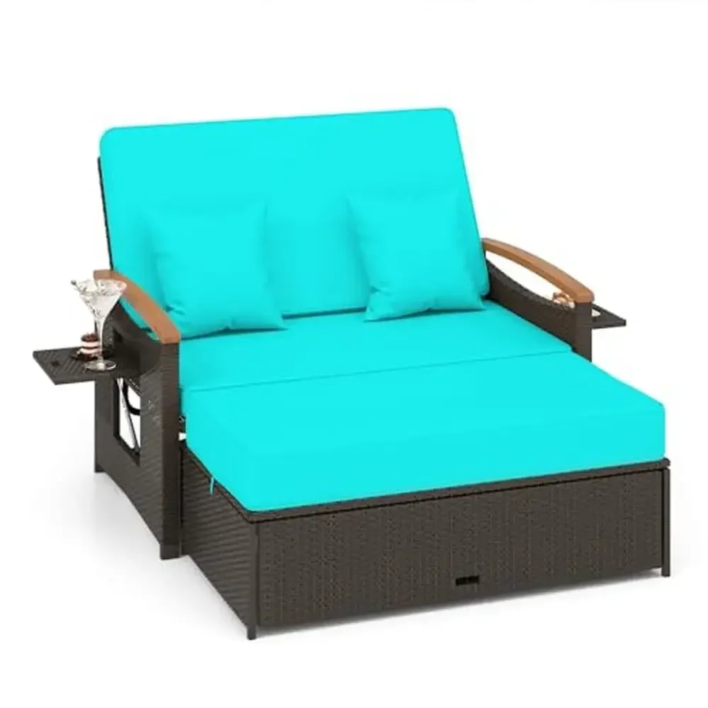 Adjustable Backrest Rattan Loveseat Ottoman Storage Panels Outdoor Wicker Sofa Daybed Elegance Durable Heavy-Duty Metal Frame