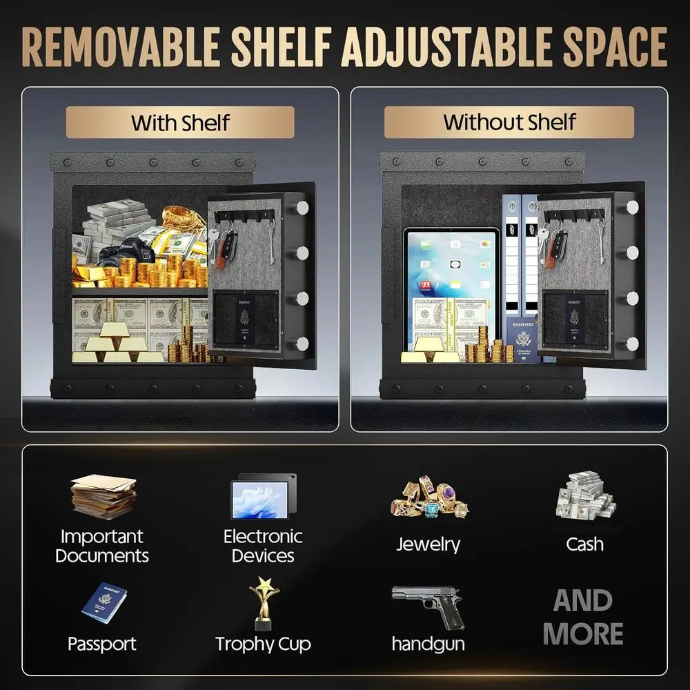 آمن منزلي عالي الجودة مقاوم للحريق مع وصول لبصمات الأصابع لتخزين المجوهرات الفاخرة والأسلحة النارية، بما في ذلك رف المسدس ومفتاح بإضاءة خلفية #4