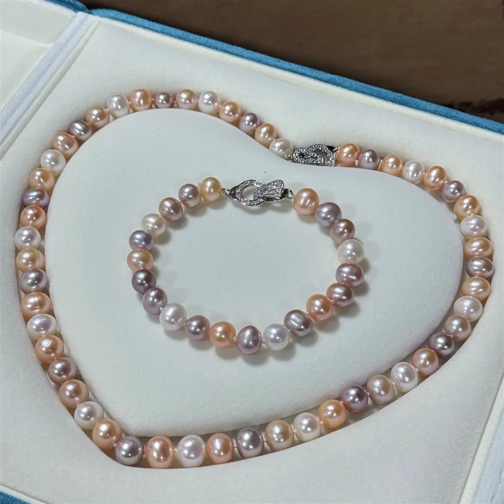 

High quality necklace AAAA7-8mm natural South Sea mixed color round pearl necklace 18in+bracelet 7.5-8in set 925s button