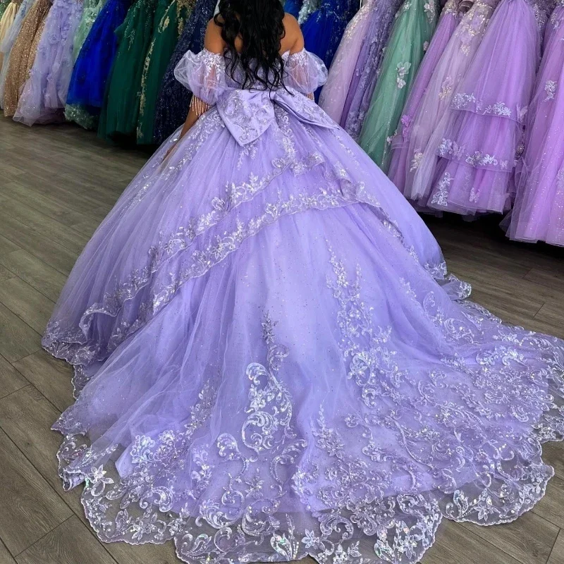 Angelsbride Lilac vestidos de 15 años ชุดชุดไปงานเต้นรำ quinceanera ชุดตัดเย็บเปิดไหล่ชุดเดรสปาร์ตี้เด็กผู้หญิง