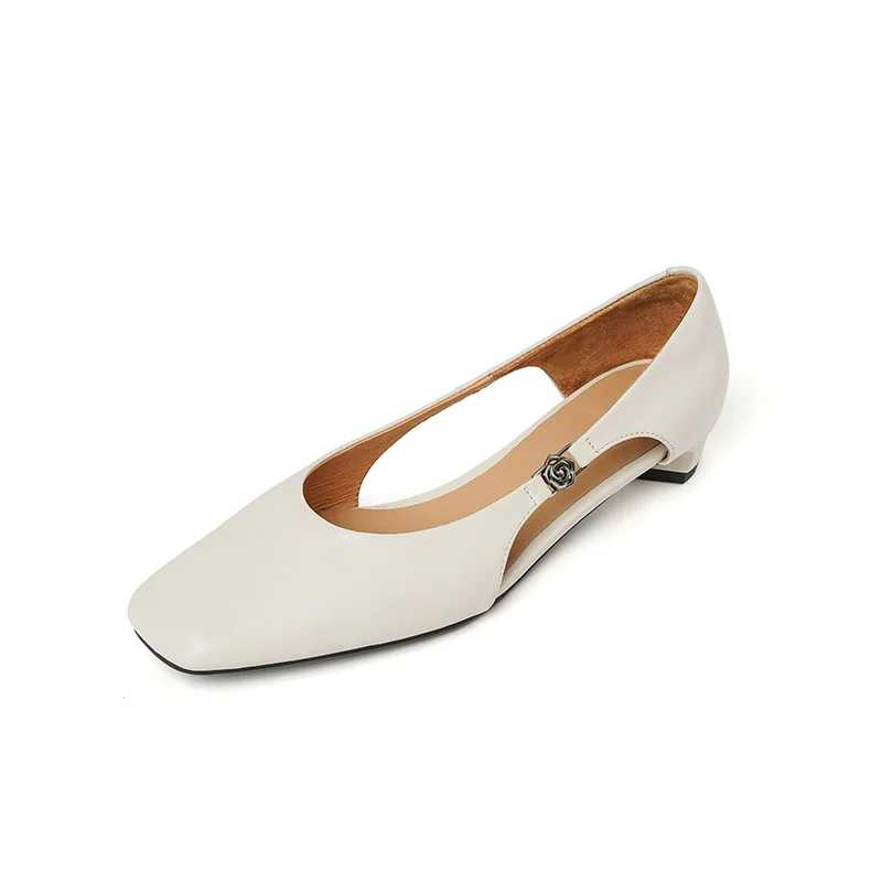 Новинка осени 2022, женские туфли на плоской подошве из натуральной кожи с квадратным носком, черная, бежевая повседневная обувь, сандалии на низком каблуке с полыми отверстиями FT5202