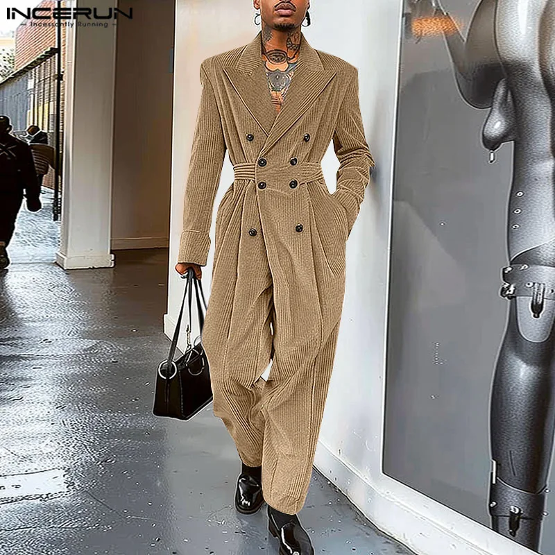 INCERUN Men Jumpsuits Solid Color Corduroy Lapel Long Sleeve Double Breasted Casual Rompers Men Streetwear 2024 Fashion Overalls