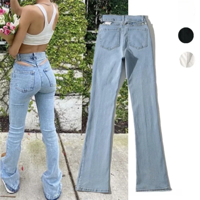 

Джинсы-брюки с высокой талией, полый дизайн, эластичные длинные брюки с подтяжкой ягодиц, уличные расклешенные джинсовые узкие брюки
