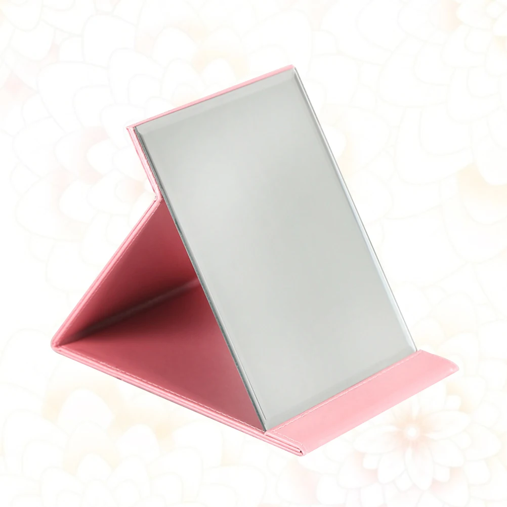 Large Pink PU Foldable Makeup Mirror Desktop Adjustable Stand Hands-Free Viewing Travel Beauty Accessory