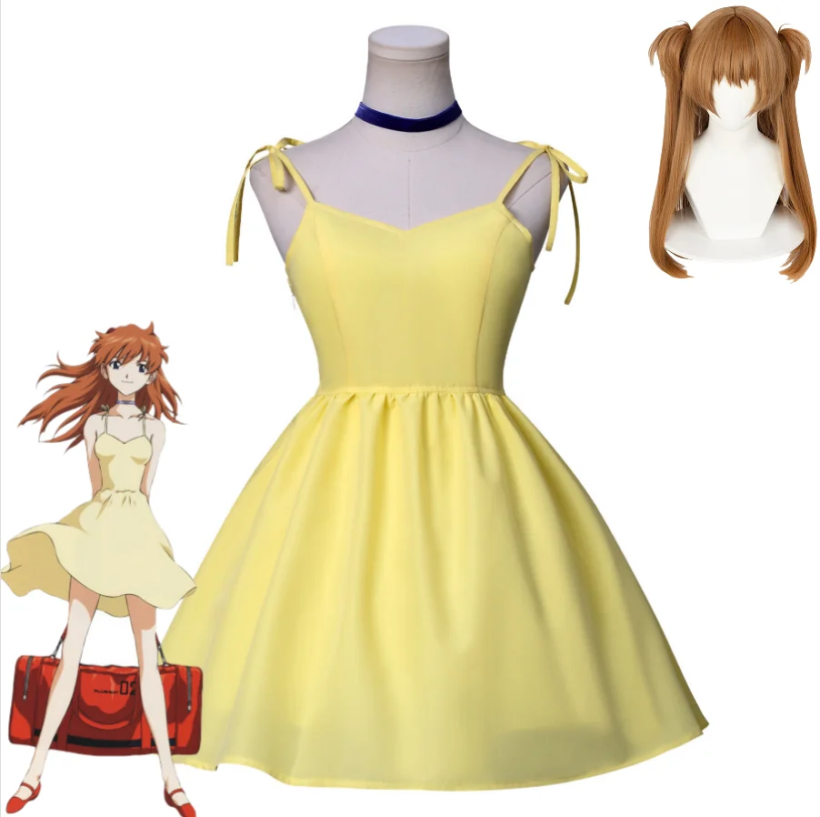 

Anime Asuka Soryue Costume Cosplay Yellow Spaghetti Strap Dress Wig Tenderness Style for Women Girls Halloween Party costume