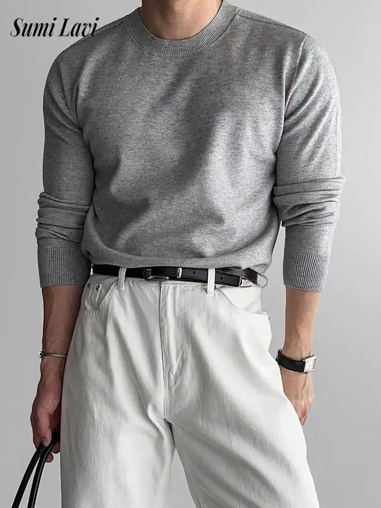 

Spring Autumn Casual Bottoming Tees Mens Knitted Solid Color Slim Pullover Tops Vintage Men Crew Neck Long Sleeve Sweater