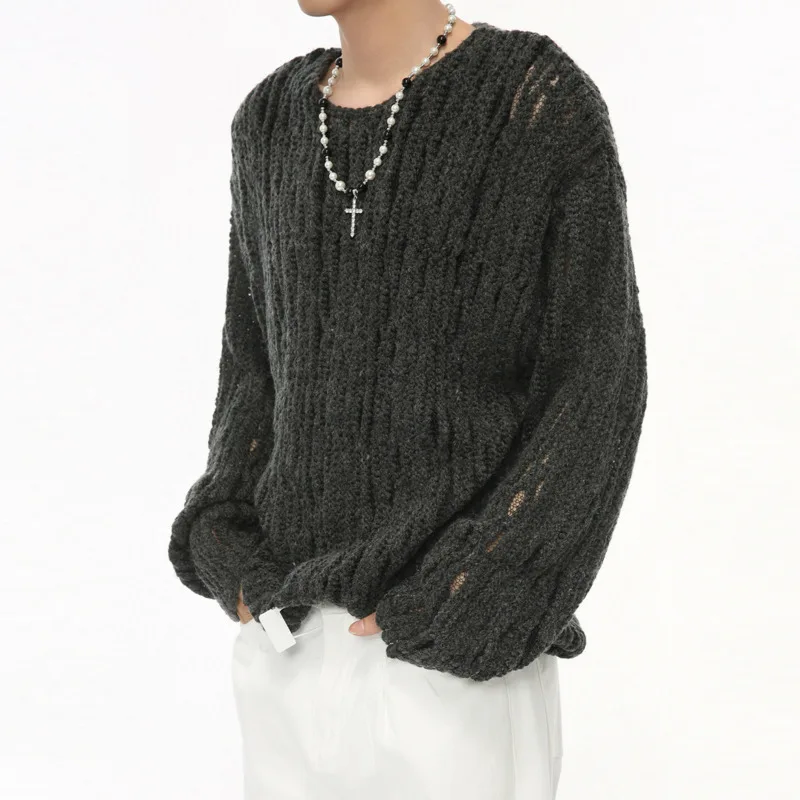 Korean Style Texture Hollow Out Men's Pullover Knits Round Collar Loose Menswear Casual Knitting Male Sweater 2024