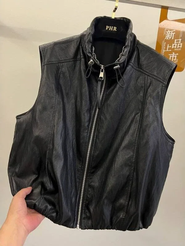 High-End European Style Drawstring Stand Collar PU Leather Vest Jacket Women's Fashionable Layered Motorcycle Jacket Top