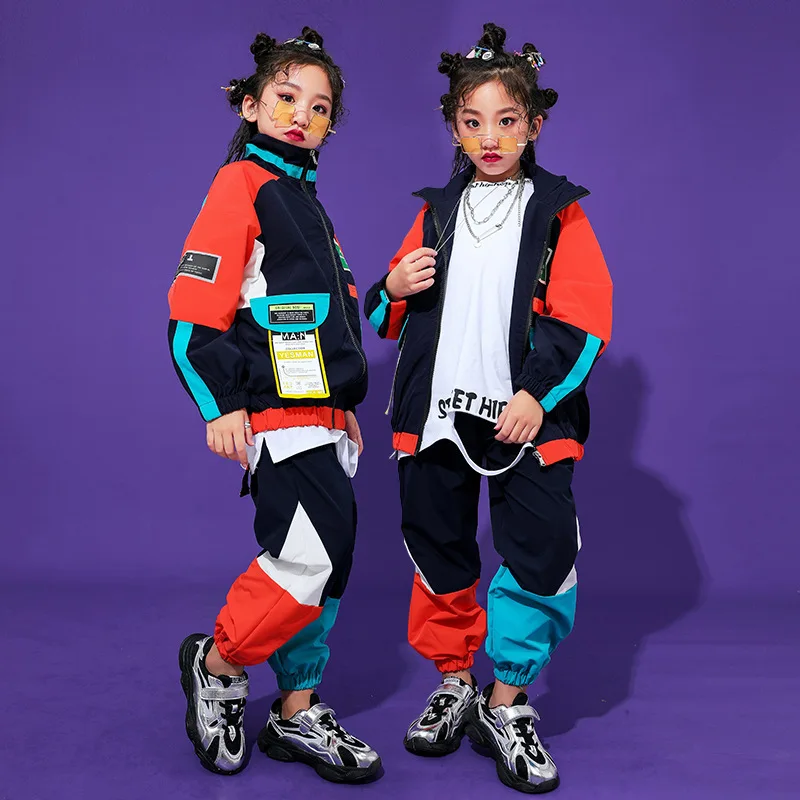 Kid Kpop Hip Hop Clothing Color Block Zip up Windbreaker Jacket Casual Jogger Pants for Girl Boy Jazz Dance Costume Clothes Set