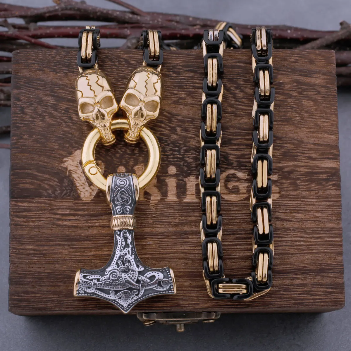 

Nordic Viking Thor's Hammer Skull Men's Necklace Rock Hip Hop Wild Amulet Stainless Steel Pendant Jewelry With Wooden Box