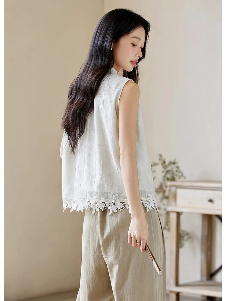 VIMLY Apricot Floral Blouse Women's Chinese Style 2025 Summer Sleeveless Stand Collar Lace Hem Ladies Shirt Summer Clothes A2555
