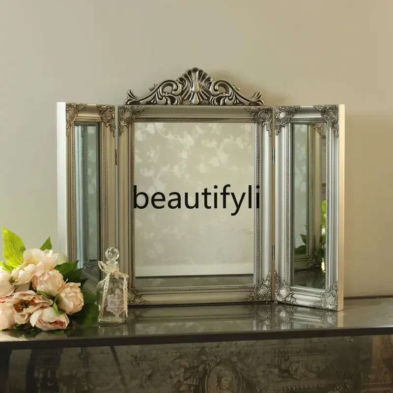 

Asmt59 European makeup mirror desktop desktop French retro tri-fold home bedroom folding three-sided mirror American decorative